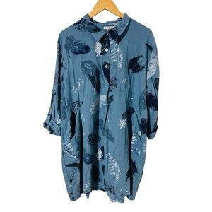 NWT VASNA Linen Dress Feather Print Boho Beach Pockets Iridescent Buttons Women